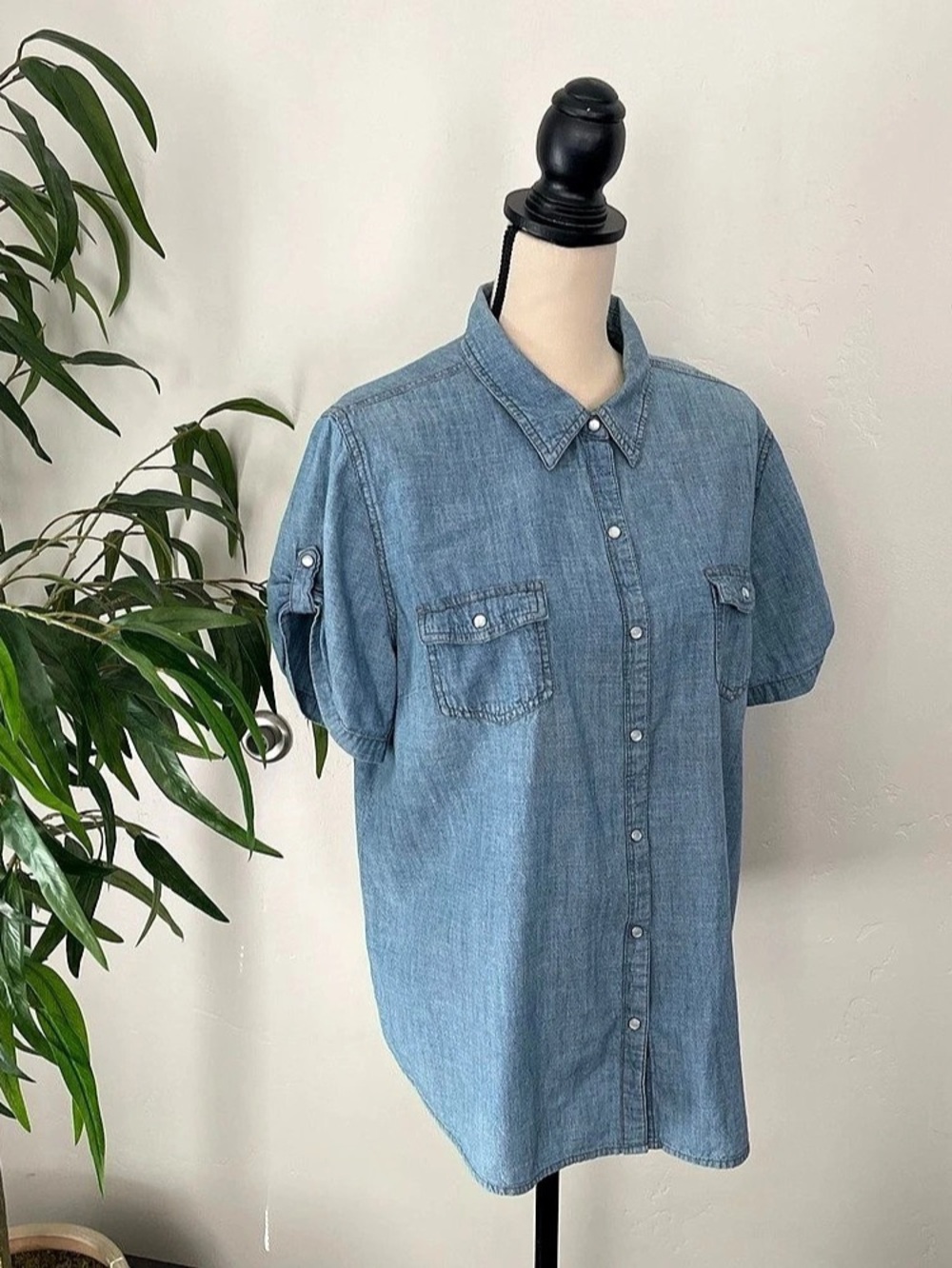 Faded Glory Denim Short Sleeve Pearl Snap Shirt XL Western Cowgirl Rodeo